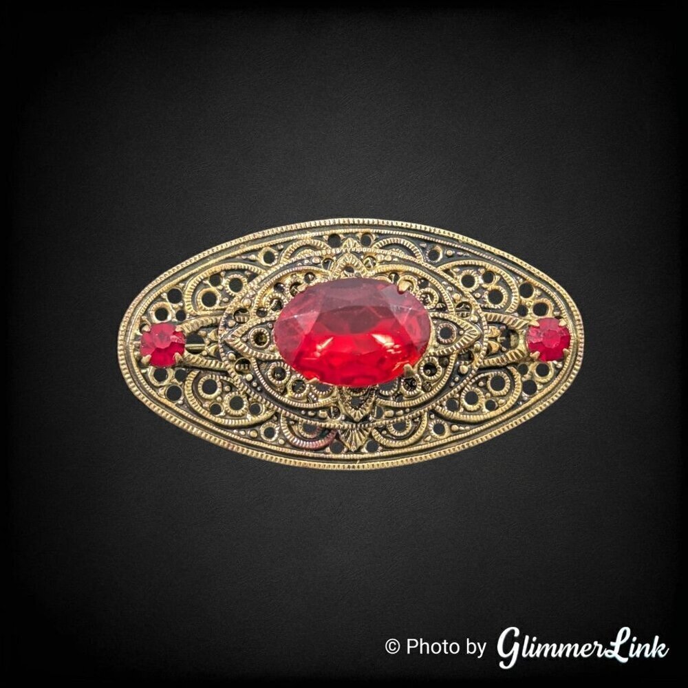Vintage Mid Century Ornate Oval Red Glass Layered Filigree Gold Tone Brooch Pin